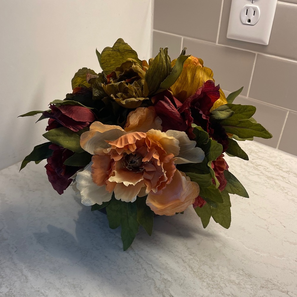 Artificial Red, Orange, Yellow Flower Centerpiece Arrangement.